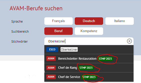 Suche AVAM Berufe STMP 2023