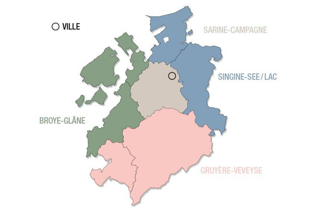 Carte des cinq sections de GastroFribourg dans le canton de Fribourg