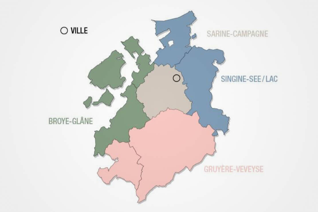 Carte des cinq sections de GastroFribourg dans le canton de Fribourg